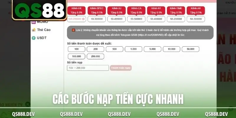 Các bước nạp tiền cực nhanh